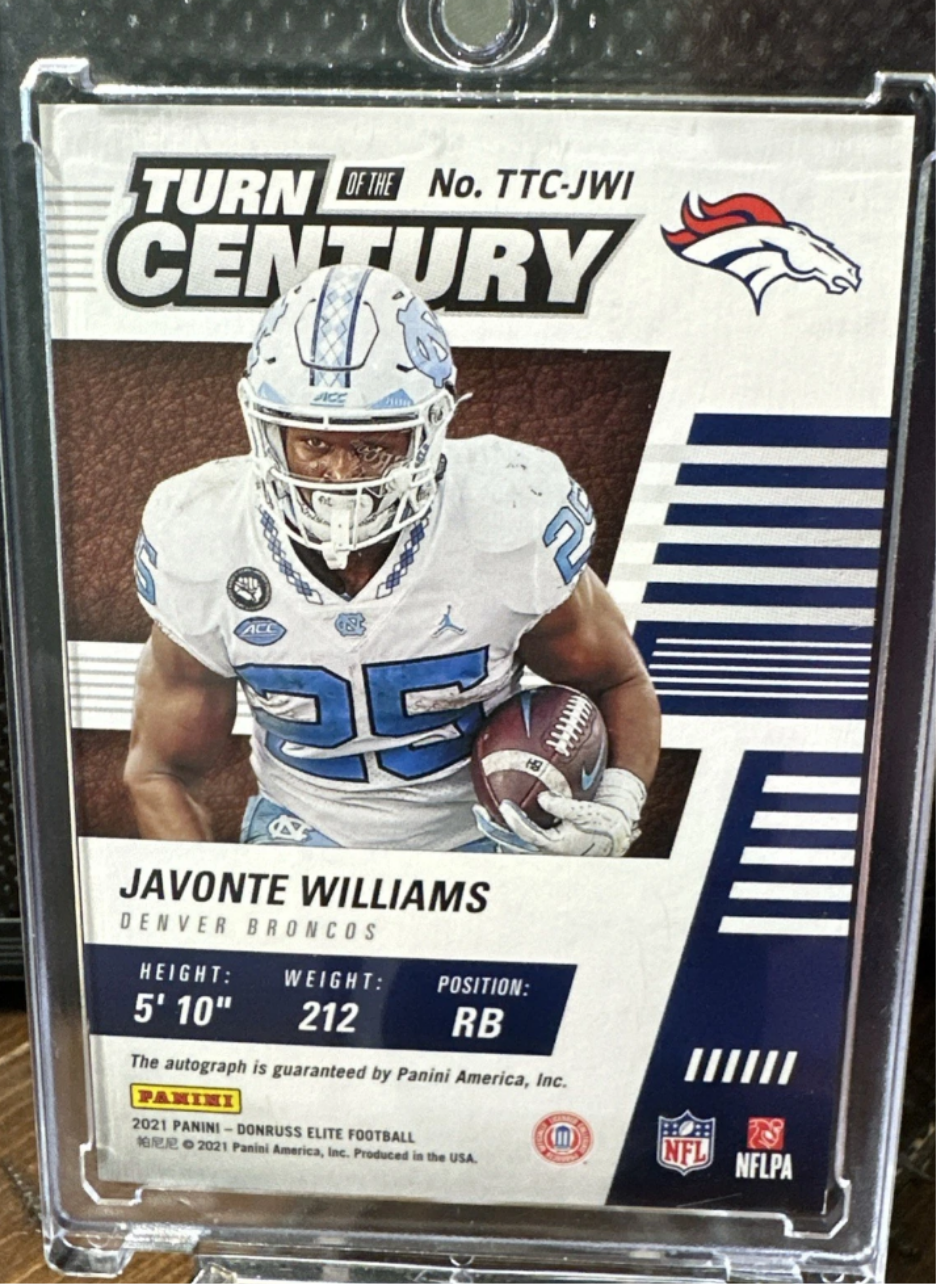 2021 Panini Donruss Elite Javonte Williams (RC) /25 Orange Auto Turn The Century