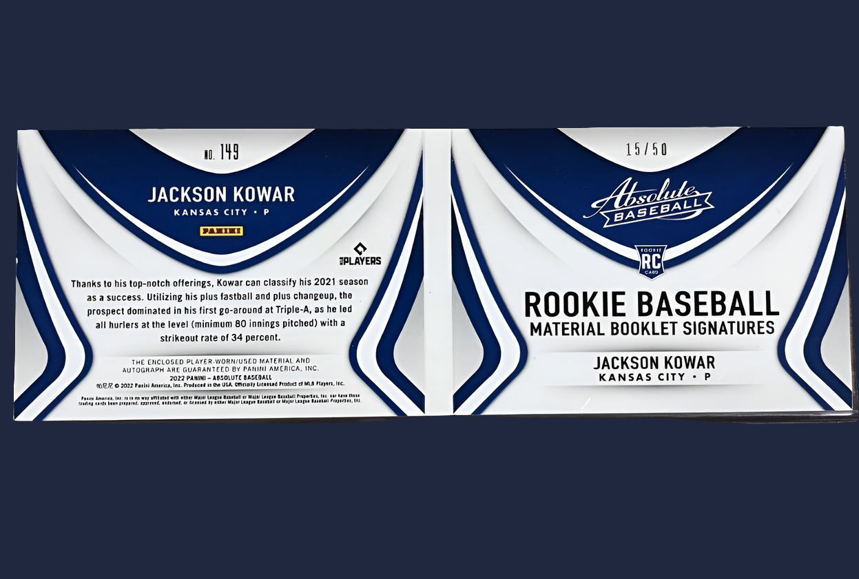2022 Jackson Kowar Absolute Rookie Baseball Material Booklet Signatures /50