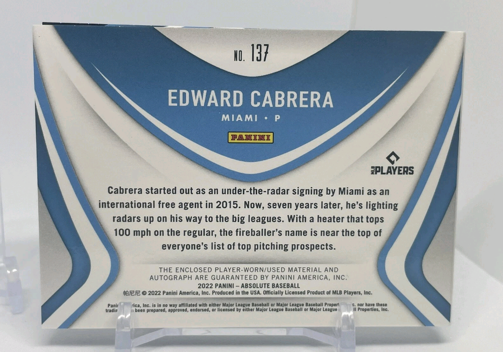 2022 Absolute Edward Cabrera 3 Color Jersey 11/50 Booklet Rookie Marlins No.720