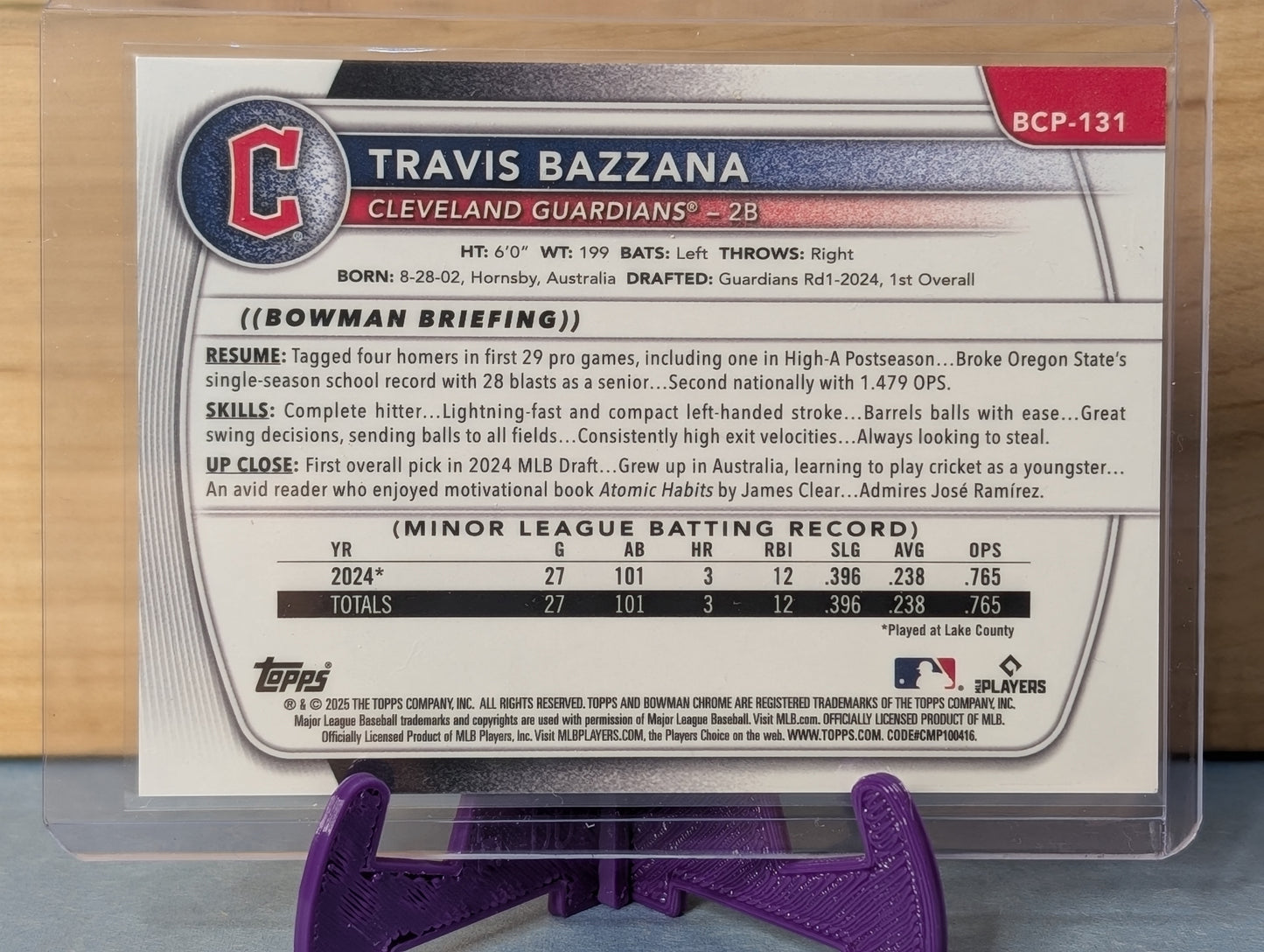 2025 Bowman Chrome Travis Bazzana Purple Lava Refractor /250 Prospect RC